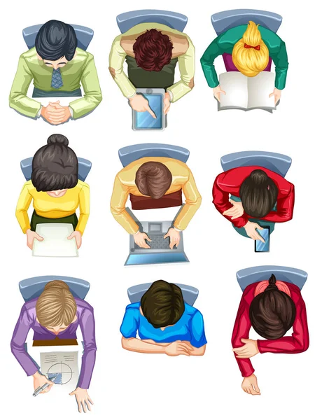 Set People Sitting Desk Aerial View Illustration Stock Vector
