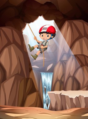 Çocuk abseiling mağara illüstrasyon içine