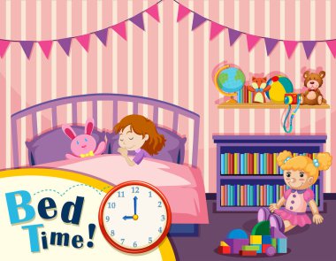 Genç kız yatak zaman illüstrasyon