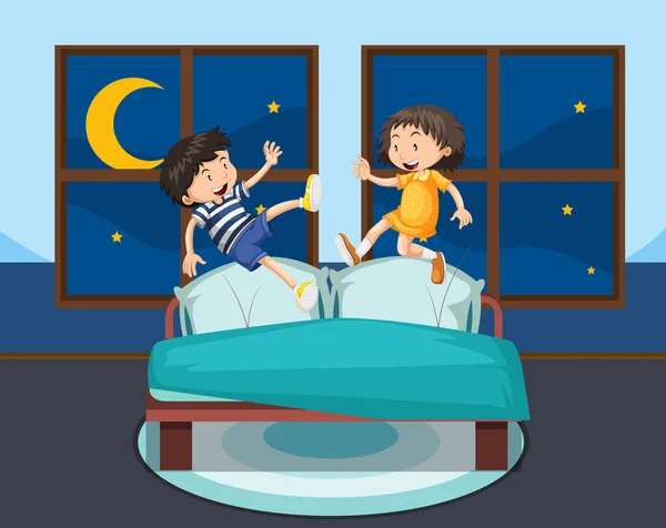 女の子と男の子のベッドの図にジャンプ — ストックベクタ