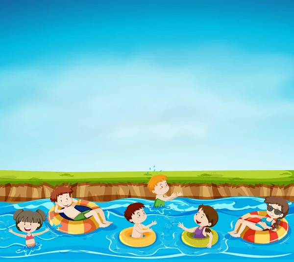 Group of children playing in lake illustration