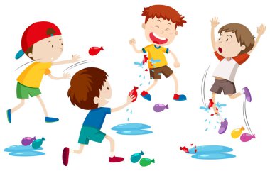 Çizim çocuklar su dolu balon oyun mücadele
