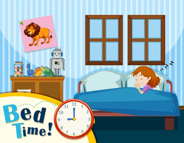 一个年轻的女孩睡在蓝色的卧室插图 — 图库矢量图片