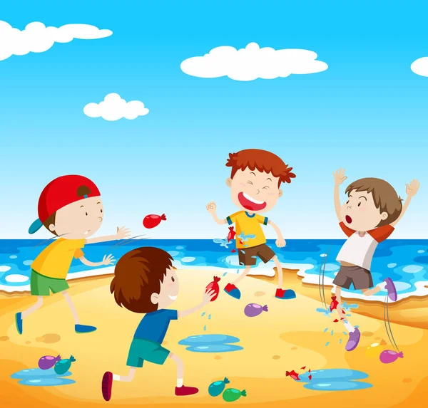 Happy Children Play Balloon Fight Beach Illustration — Stock Vector