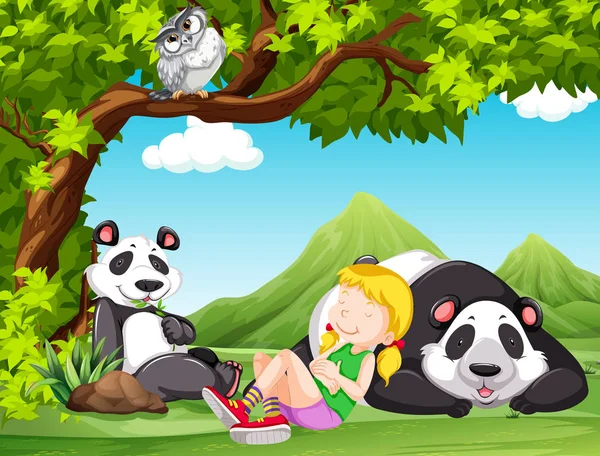 Young Girl Pandas Illustration — Stock Vector