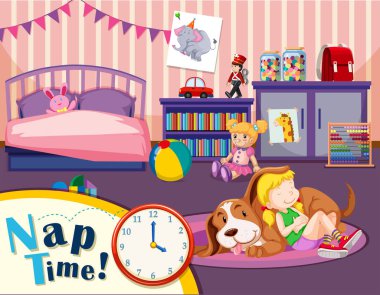 Genç kız ve köpek nap zaman illüstrasyon