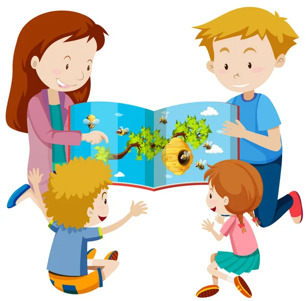 Parents Reading Book Children Illustration — Stock Vector