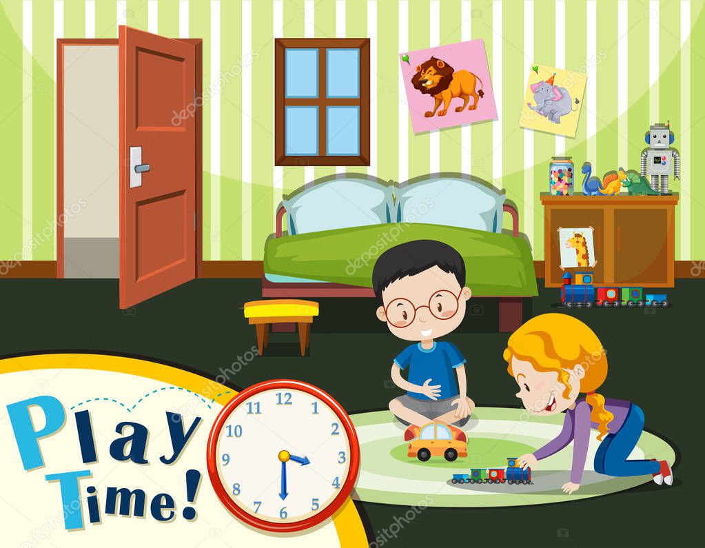 Boy and girl playing toy illustration