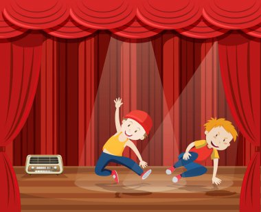 Genç adam aşamada çizimde üzerinde hip hop dans gerçekleştirmek