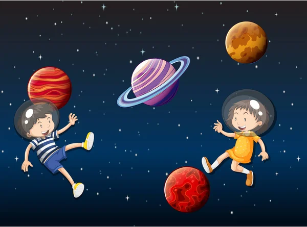 Bambini Che Galleggiano Nello Spazio Illustrazione — Vettoriale Stock