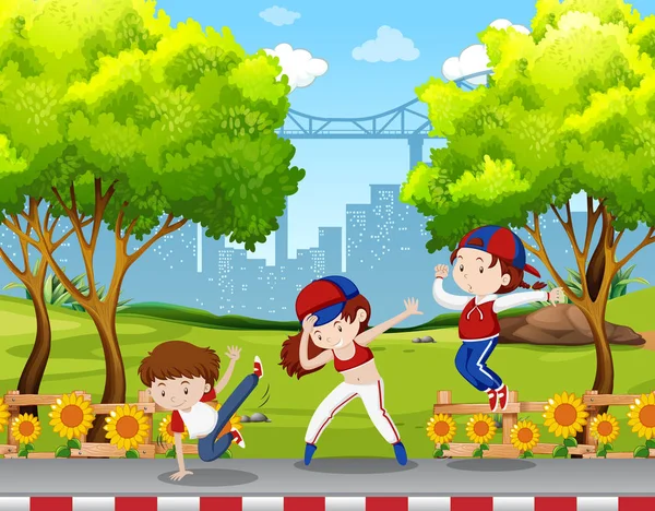 Niños Urbanos Bailando Parque Ilustración — Vector de stock