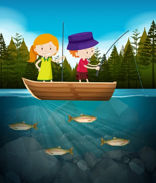 男孩和女孩钓鱼在湖例证 — 图库矢量图片