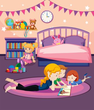 Bir anne çocuk illüstrasyon için kitap okumak