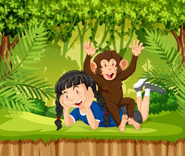 Una Niña Mono Selva Ilustración — Vector de stock