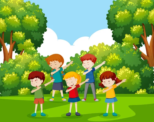 Grupo Niños Bailando Parque Ilustración — Vector de stock