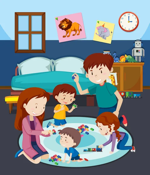 Familj Som Spelar Leksak Med Barn Illustration — Stock vektor