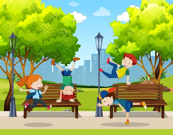 Children practice street dance at park illustration