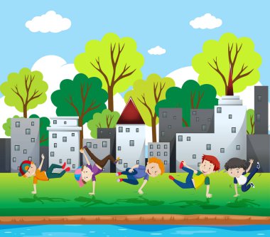 Çocuklar break dans park illüstrasyon