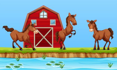 Kırmızı ahır illüstrasyon önünde atlar