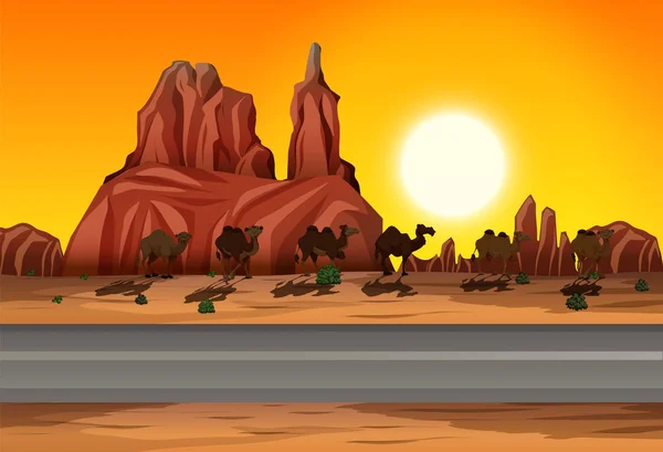 Desert Sunset Road Scenen Illustration — Stock vektor