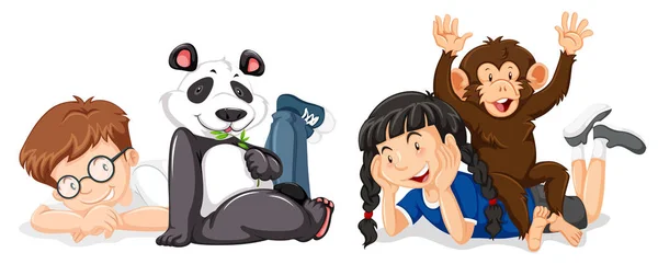 Bambini Con Scimmia Panda Illustrazione — Vettoriale Stock