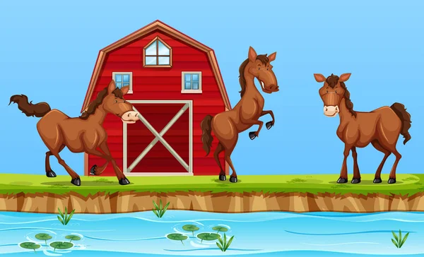 Horses Front Red Barn Illustration — Stock Vector