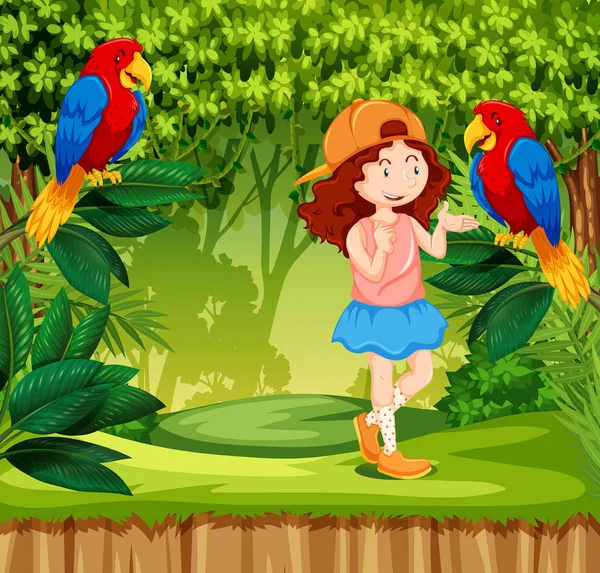 Red Hair Girl Jungle Parrot Illustration — Stock Vector