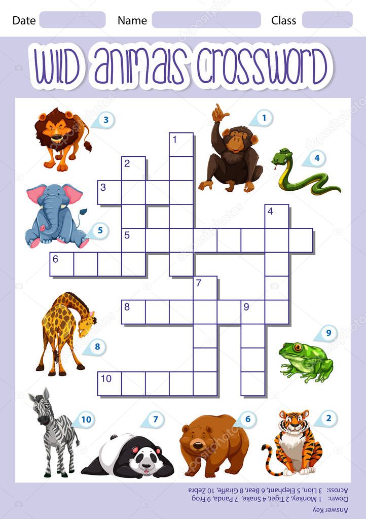 Wild animals crossword template illustration