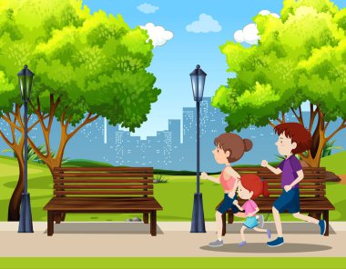 Park sahne çizimde çalışan aile