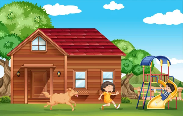 子供と外で遊ぶ犬のイラスト — ストックベクタ