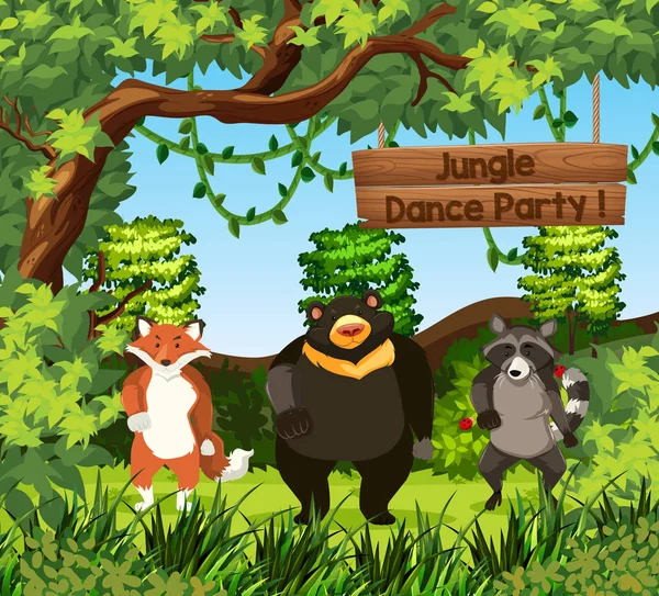 Wild animals dance in jungle illustration