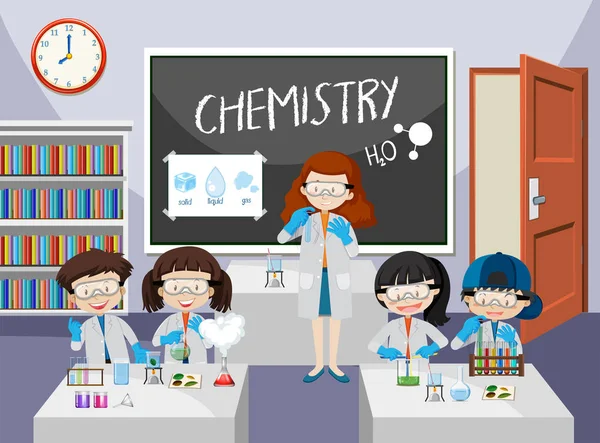 Diákok Kísérletet Kémia Osztály Illusztráció — Stock Vector