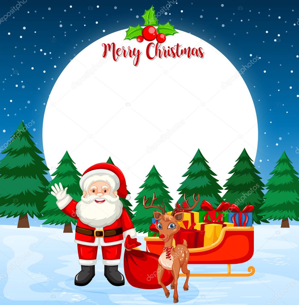 Merry christmas card with santa and reindeer illustration