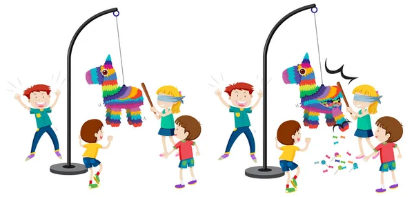 Kinderen Raken Pinata Spel Illustratie — Stockvector