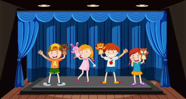 Children play hand puppet on stage illustration