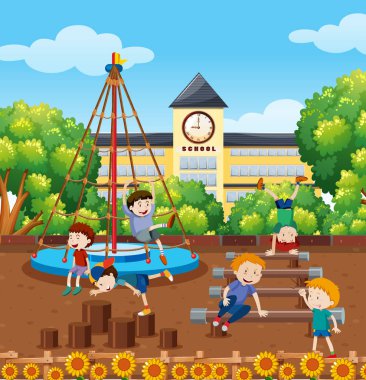 Okul bahçesi illüstrasyon, öğrencilerin playinf