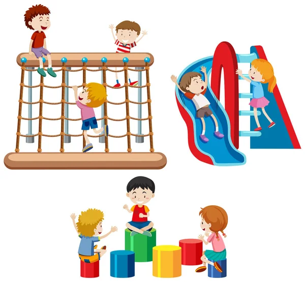 Conjunto Crianças Brincando Com Equipamentos Playground Ilustração — Vetor de Stock