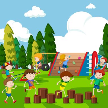 Çocuklar eğleniyor park çizimde