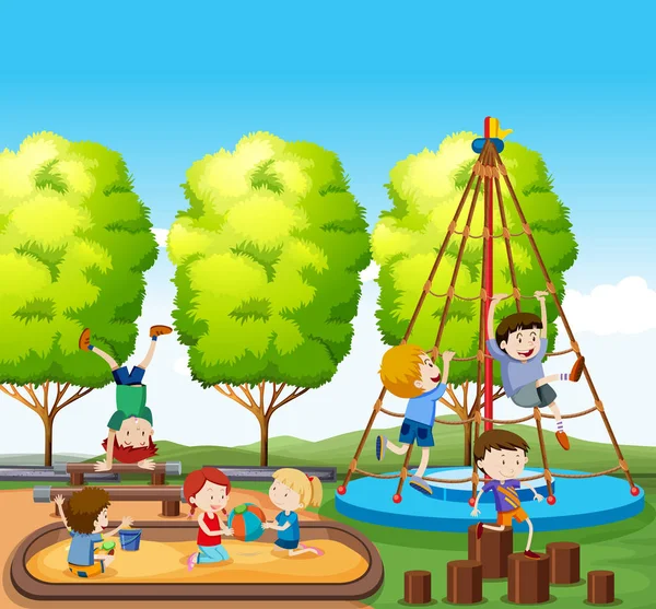 Gyerekek Játszanak Játszótéren Illusztráció — Stock Vector