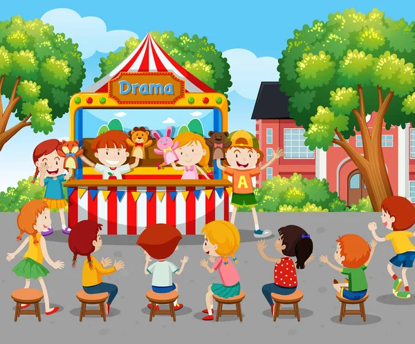 Niños Viendo Espectáculo Marionetas Fuera Ilustración — Vector de stock