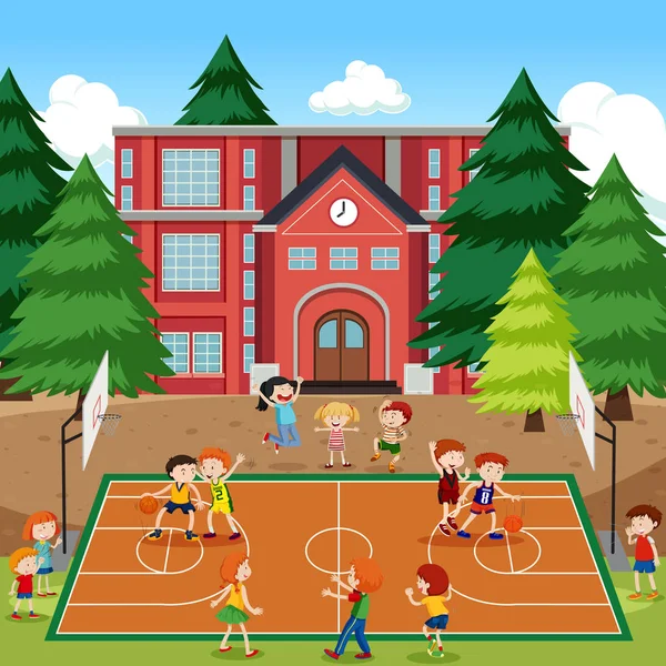Enfants Jouant Basket Illustration Scène — Image vectorielle
