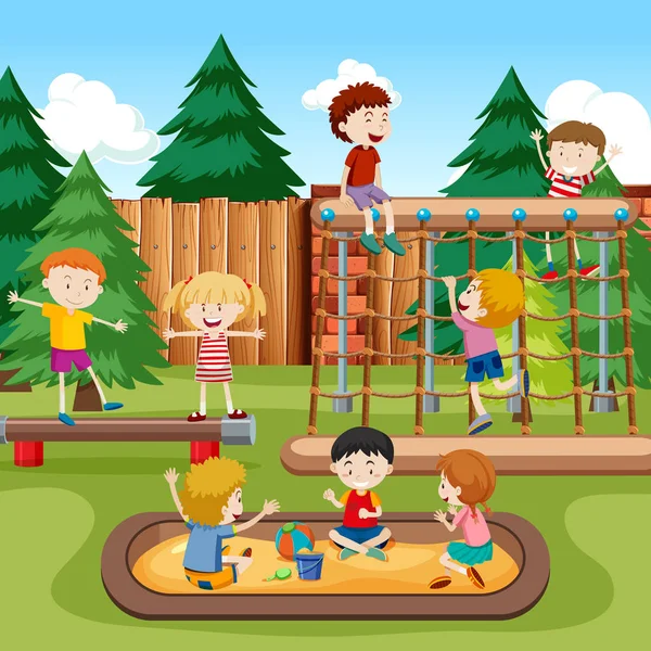 Felice Bambini Parco Giochi Scena Illustrazione — Vettoriale Stock