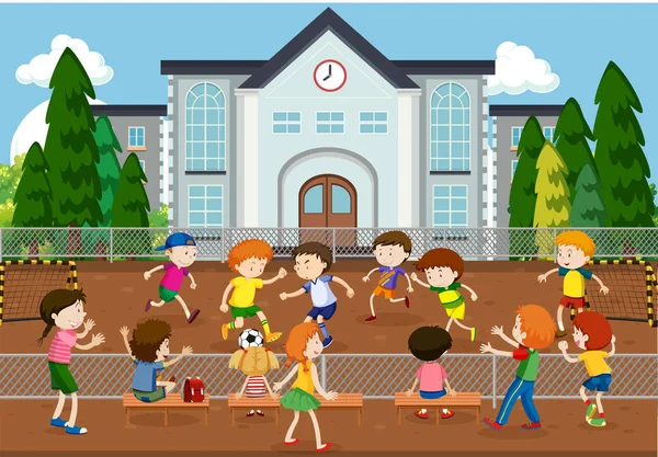 Children playing soccer outside illustration