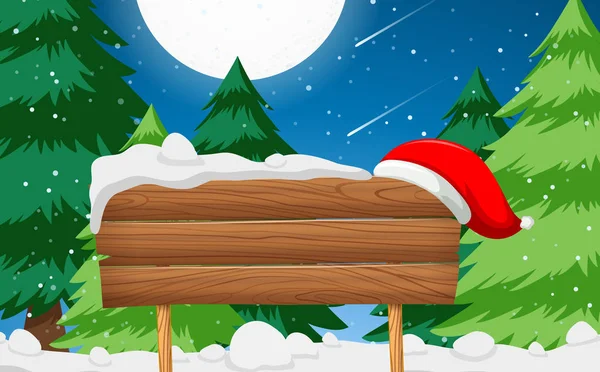 Holzschild Mit Weihnachtsmannhut Szene Illustration — Stockvektor