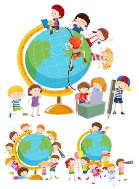 Set of children and globes illustration clipart