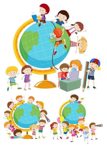 Set Anak Anak Dan Globes Ilustrasi - Stok Vektor