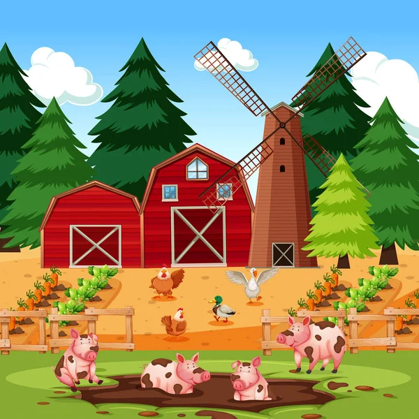 Farmě Scény Zvířata Plodiny Ilustrace — Stockový vektor