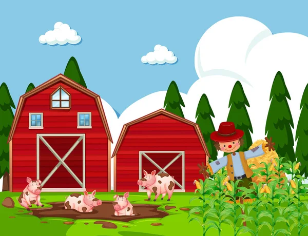 泥の図の豚農場のシーン — ストックベクタ