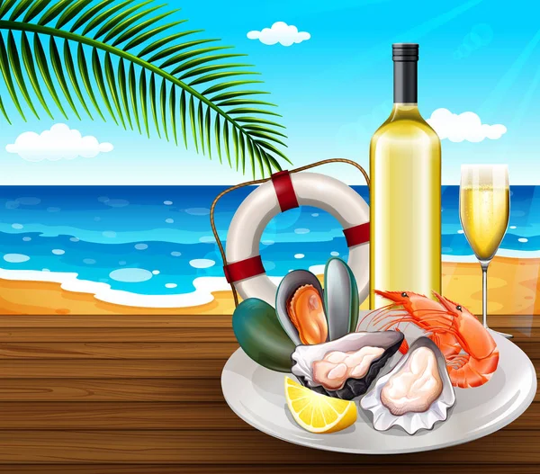 Conjunto Mariscos Fondo Playa Verano Ilustración — Vector de stock