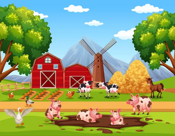 Rural Animais Fazenda Feliz Ilustração — Vetor de Stock